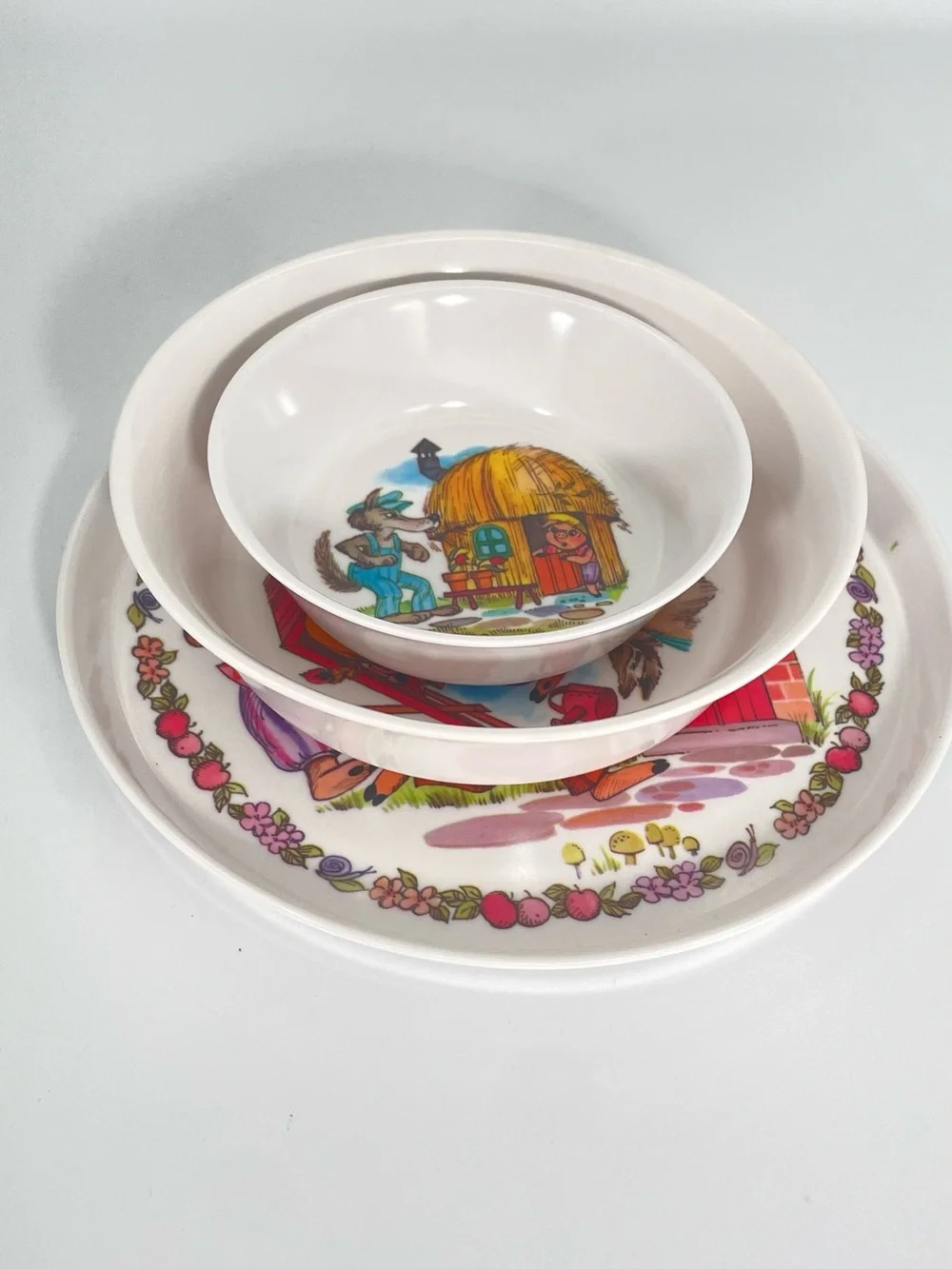 Vintage Oneida Deluxe 3 Pc Melamine Three Little Pigs Child Dinner Set Story